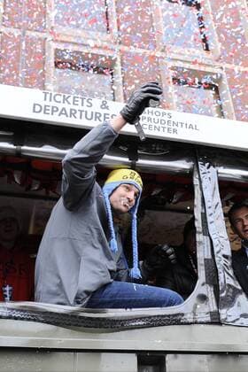 February 4, 2015 - Boston, Massachusetts, U.S. - New England Patriots tight end Rob Gronkowski (87) celebrates with a beer during a parade held in Boston to celebrate the team s victory in Super Bowl XLIX. NFL American Football Herren USA 2015: Patriots Super Bowl Parade FEB 04 - ZUMAc04_