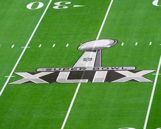 01 FEB 2015: Super Bowl XLIX Logo on the field prior to Super Bowl XLIX being played at University of Phoenix Stadium. The New England Patriots defeat the Seattle Seahawks 28-24 in Super Bowl XLIX at University of Phoenix Stadium in Glendale Arizona. NFL American Football Herren USA FEB 01 Super Bowl XLIX - Patriots v Seahawks Icon020115294 EDITORIAL USE ONLY