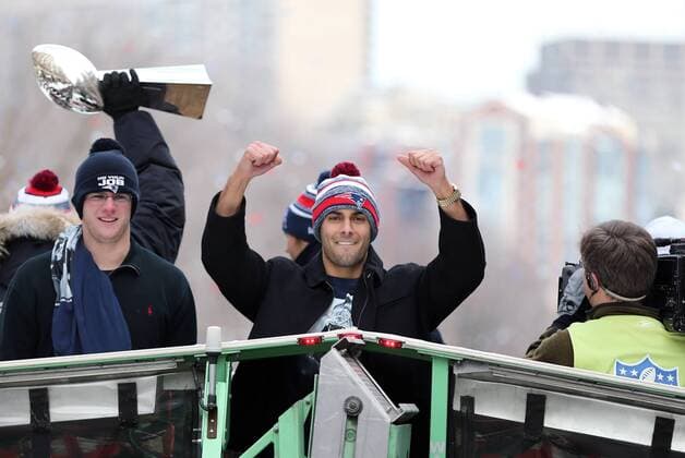 February 4, 2015: Garrett Gilbert and Jimmy Garoppolo. The New England Patriots paraded through the streets of Boston to celebrate their Super Bowl victory. NFL American Football Herren USA FEB 04 Patriots Super Bowl Victory Parade Icon482150204036 EDITORIAL USE ONLY
