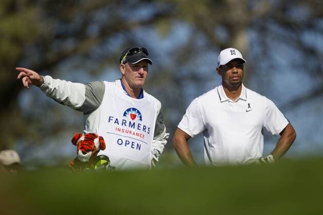 Feb. 5, 2015 - San Diego, California, U.S. - TIGER WOODS and his caddy JOE LA CAVA negotiate the 17th tee on the North Course. Golf 2015 - Farmers Insurance Open - Round 1 - ZUMAs44_