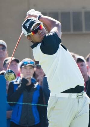 Feb. 5, 2015 - Torery Pines, California, USA - Hideki Matsuyama of Japan plays his tee shot on the 10th hole of the north course to start his first round of the Farmers Insurance Open at Torrey Pines Golf Course on February 5, 2015 in San Diego, California. Farmers Insurance Open 2015 - ZUMAg139