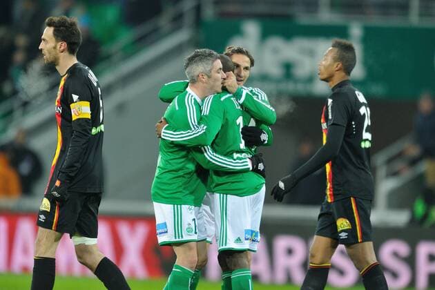 Joie de Tsafack Nguemo et Fabien Lemoine et Jeremy Clement (saint etienne) FOOTBALL : Saint Etienne vs Lens - Ligue 1 - 06 02 2015 FredericChambert Panoramic 