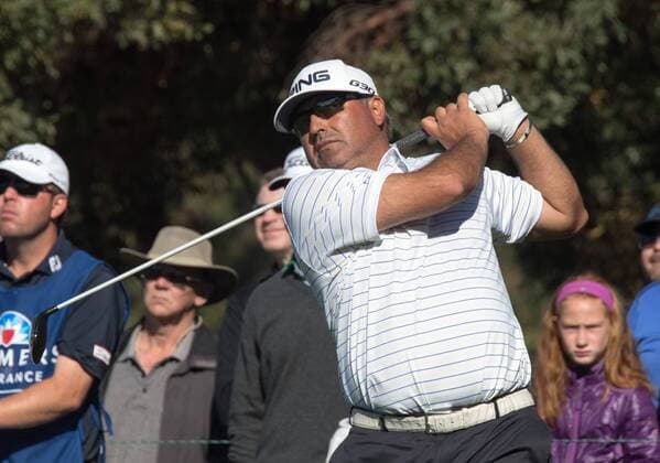 Feb. 6, 2015 - Torery Pines, California, USA - Angel Cabrera of Argentina plays his tee shot on the 10th hole of the south course during the second round of the Farmers Insurance Open at Torrey Pines Golf Course on February 6, 2015 in San Diego, California. Farmers Insurance Open - Second Round - ZUMAg139
