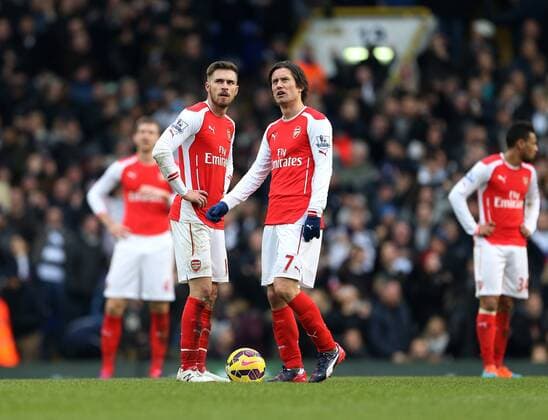 Arsenal s Aaron Ramsey looks on dejected after going 2-1 down Barclays Premier League- Tottenham Hotspurs vs Arsenal - White Hart Lane - England - 7th February 2015 - Picture David Klein Sportimage EDITORIAL USE ONLY. No use with unauthorised audio, video, data, fixture lists, club league logos or live services. Online in-match use limited to 120 images, no video emulation. No use in betting, games or single club league player publications.