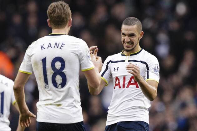 Aktuell FuÃŸball, England, Premier League, Tottenham Hotspur - FC Arsenal 07.02.2015. London, England. Barclays Premier League. Tottenham Hotspur versus Arsenal. Tottenham& x2019;s Harry Kane celebrates his second goal with Nabil Bentalebat who supplied the cross for his header. xCraigxMercerx  ActionPlus11595307