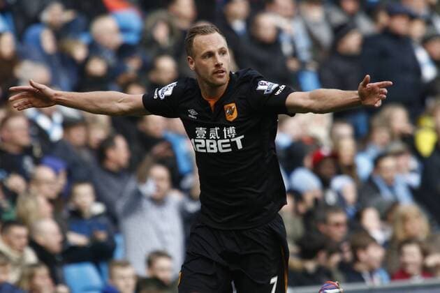 07.02.2015. Manchester, England. Barclays Premier League. Manchester City versus Hull City. Hull City midfielder David Meyler celebrates after scoring his team s first goal. xAlanxMartinx  ActionPlus11595400