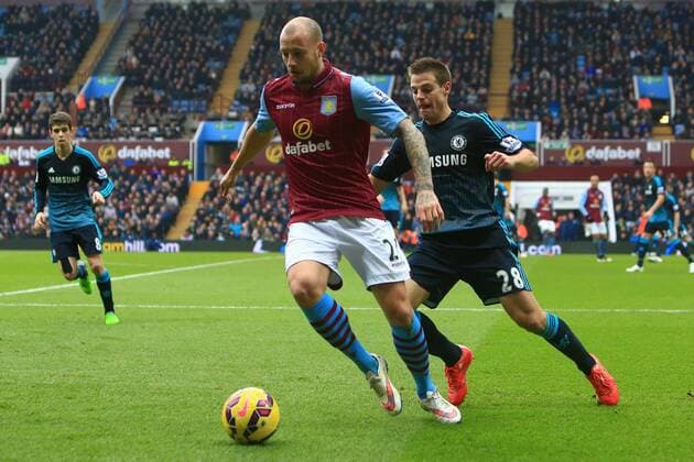 Alan Hutton of Aston Villa and Cesar Azpilicueta of Chelsea - Aston Villa vs. Chelsea - Barclay s Premier League - Villa Park - Birmingham - 07 02 2015 Pic Philip Oldham Sportimage EDITORIAL USE ONLY. No use with unauthorised audio, video, data, fixture lists, club league logos or live services. Online in-match use limited to 120 images, no video emulation. No use in betting, games or single club league player publications.