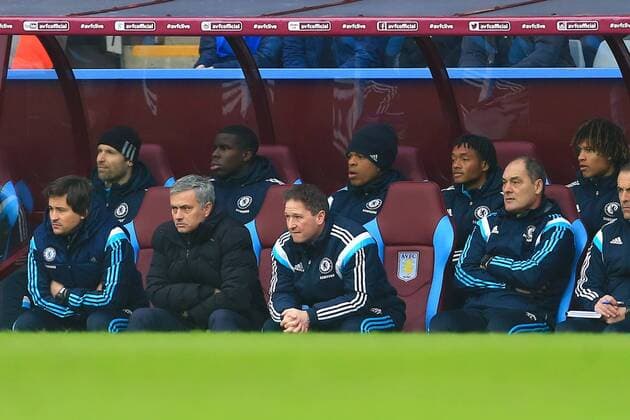 Juan Cuadrado of Chelsea watches on from the bench - Aston Villa vs. Chelsea - Barclay s Premier League - Villa Park - Birmingham - 07 02 2015 Pic Philip Oldham Sportimage EDITORIAL USE ONLY. No use with unauthorised audio, video, data, fixture lists, club league logos or live services. Online in-match use limited to 120 images, no video emulation. No use in betting, games or single club league player publications.