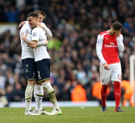 Aktuell Fußball, England, Premier League, Tottenham Hotspur - FC Arsenal Tottenham s Kyle Walker and Eric Dier celebrate at the final whistle Barclays Premier League- Tottenham Hotspurs vs Arsenal - White Hart Lane - England - 7th February 2015 - Picture David Klein Sportimage EDITORIAL USE ONLY. No use with unauthorised audio, video, data, fixture lists, club league logos or live services. Online in-match use limited to 120 images, no video emulation. No use in betting, games or single club league player publications.