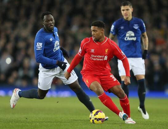 Jordon Ibe of Liverpool turns Romelu Lukaku of Everton - Barclays Premier League - Everton vs Liverpool - Goodison Park Stadium - Liverpool - England - 7th February 2015 - Picture Simon Bellis Sportimage EDITORIAL USE ONLY. No use with unauthorised audio, video, data, fixture lists, club league logos or live services. Online in-match use limited to 120 images, no video emulation. No use in betting, games or single club league player publications.