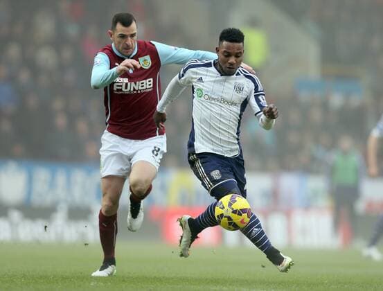 Stephane Sessegnon of West Bromwich Albion tussles with Dean Marney of Burnley - Barclays Premier League - Burnley FC vs West Bromwich Albion - Turf Moor Stadium - Burnley - England - 8th February 2015 - EDITORIAL USE ONLY. No use with unauthorised audio, video, data, fixture lists, club league logos or live services. Online in-match use limited to 120 images, no video emulation. No use in betting, games or single club league player publications.