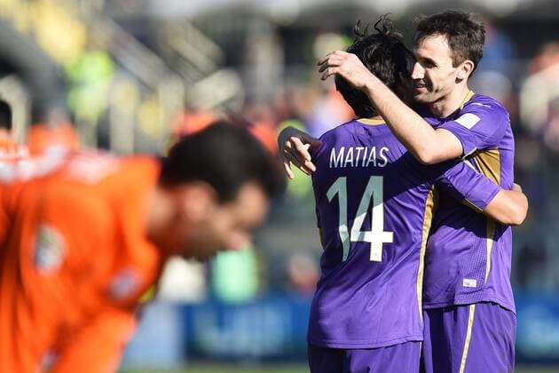 Aktuell Fußball, Italien, Serie A, AC Florenz - Atalanta Bergamo Esultanza Mati Fernandez, Milan Badelj Fiorentina 3-2 Celebration Firenze 08-02-2015 Stadio Artemio Franchi, Football Calcio Serie A AC Florenz ACF Fiorentina vs Atalanta Bergamo andreaxstaccioli