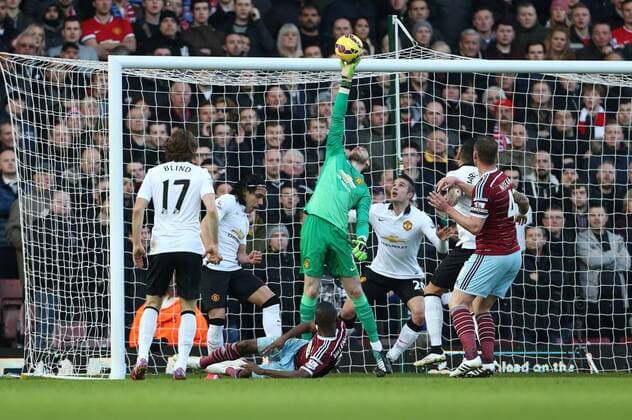 Aktuell Fußball, England, Premier league, West Ham United - Manchester United West Ham s Enner Valencia sees his shot saved by Manchester United ManU s David De Gea Barclays Premier League- West Ham United vs Manchester United - Upton Park - England - 8th February 2015 - Picture David Klein Sportimage EDITORIAL USE ONLY. No use with unauthorised audio, video, data, fixture lists, club league logos or live services. Online in-match use limited to 120 images, no video emulation. No use in betting, games or single club league player publications.