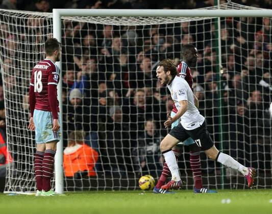 Aktuell Fußball, England, Premier League, West Ham United - Manchester United Manchester United ManU s Daley Blind celebrates scoring his sides equaliser Barclays Premier League- West Ham United vs Manchester United - Upton Park - England - 8th February 2015 - Picture David Klein Sportimage EDITORIAL USE ONLY. No use with unauthorised audio, video, data, fixture lists, club league logos or live services. Online in-match use limited to 120 images, no video emulation. No use in betting, games or single club league player publications.