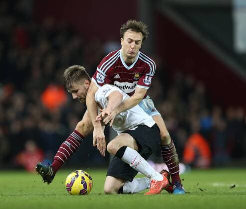 Aktuell Fußball, England, Premier League, West Ham United - Manchester United West Ham s Mark Noble tussles with Manchester United ManU s Luke Shaw Barclays Premier League- West Ham United vs Manchester United - Upton Park - England - 8th February 2015 - Picture David Klein Sportimage EDITORIAL USE ONLY. No use with unauthorised audio, video, data, fixture lists, club league logos or live services. Online in-match use limited to 120 images, no video emulation. No use in betting, games or single club league player publications.