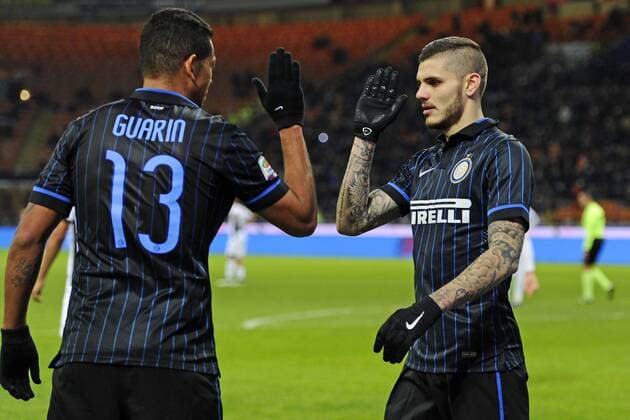 Aktuell Fußball, Italien, Serie A, Inter Mailand - US Palermo Mauro Icardi Inter 3-0. Celebration goal con Fredy Guarin Milano 08-02-2015 Stadio Giuseppe Meazza - Football Calcio Serie A Inter Mailand vs US Palermo giuseppexceleste