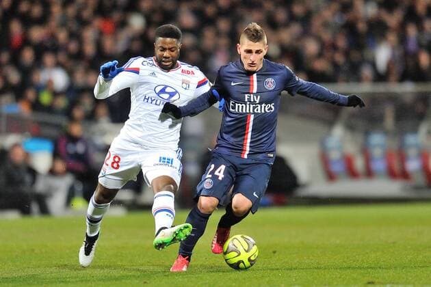 Arnold Mvuemba (lyon) vs Marco Verratti (psg) FOOTBALL : Lyon vs Paris Saint Germain - Ligue 1 - 08 03 2015 FredericChambert Panoramic 