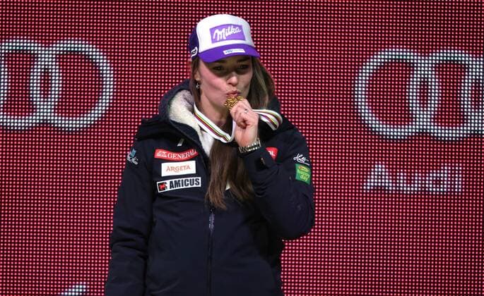 ALPINE SKIING - FIS Ski WC Vail Beaver Creek 2015 VAIL,COLORADO,USA,09.FEB.15 - ALPINE SKIING - FIS Alpine World Ski Championships, Solaris Championships Plaza, award ceremony, Alpine combined, ladies. Image shows Tina Maze (SLO). Keywords: Stoeckli