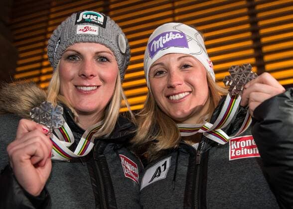 09.02.2015, Solaris Placa, Vail, USA, FIS Weltmeisterschaften Ski Alpin, Damen, Kombination, Fototermin in der Audi Lounge, im Bild Nicole Hosp (AUT, 2. Platz), Michaela Kirchgasser (AUT, 3. Platz) second placed Nicole Hosp of Austria, third placed Michaela Kirchgasser of Austria during a photocall after ladie s Combined of FIS Ski World Championships 2015 held at the House Audi Lunge in Vail, United States on 2015 02 09. EP_gro