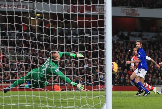 Arsenal s Theo Walcott scoring his sides second goal Barclays Premier League- Arsenal vs Leicester City - Emirates Stadium - England - 10th February 2015 - Picture David Klein Sportimage EDITORIAL USE ONLY. No use with unauthorised audio, video, data, fixture lists, club league logos or live services. Online in-match use limited to 120 images, no video emulation. No use in betting, games or single club league player publications.