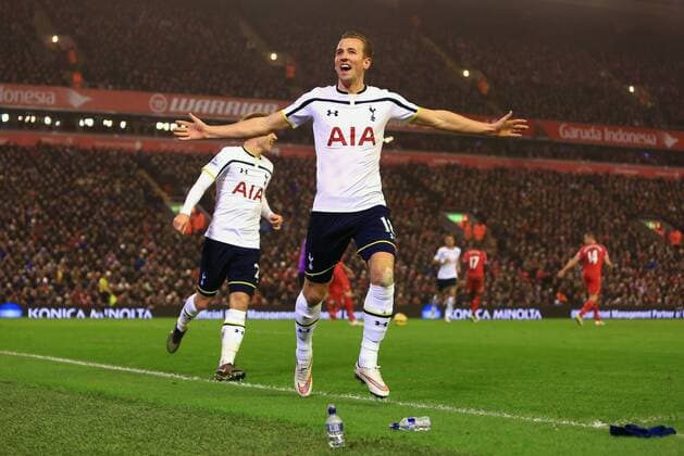 Tottenham s Harry Kane celebrates scoring his sides first goal - Liverpool vs. Tottenham Hotspurs - Barclay s Premier League - Anfield - Liverpool - 10 02 2015 Pic Philip Oldham Sportimage EDITORIAL USE ONLY. No use with unauthorised audio, video, data, fixture lists, club league logos or live services. Online in-match use limited to 120 images, no video emulation. No use in betting, games or single club league player publications.