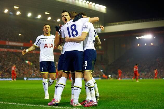 10.02.2015. Liverpool, England. Barclays Premier League. Liverpool versus Tottenham Hotspur. Harry Kane of Tottenham celebrates scoring his teams first goal xPaulxKeevilx  ActionPlus11596211