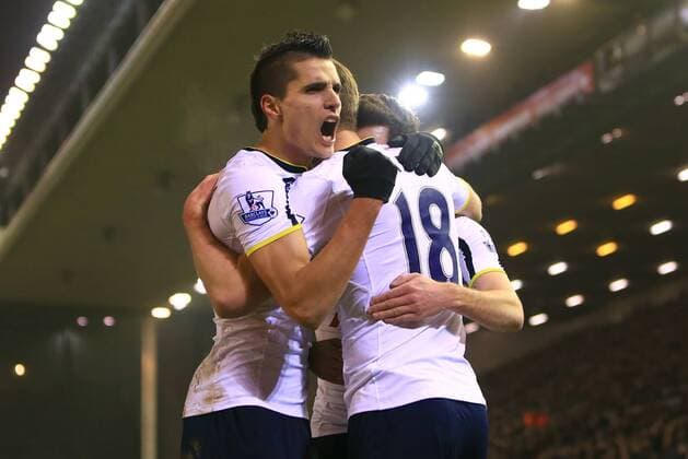 Tottenham s Harry Kane celebrates scoring his sides first goal - Liverpool vs. Tottenham Hotspurs - Barclay s Premier League - Anfield - Liverpool - 10 02 2015 Pic Philip Oldham Sportimage EDITORIAL USE ONLY. No use with unauthorised audio, video, data, fixture lists, club league logos or live services. Online in-match use limited to 120 images, no video emulation. No use in betting, games or single club league player publications.