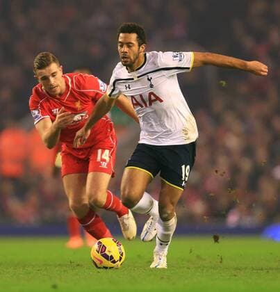 Jordan Henderson of Liverpool and Tottenham s Mousa Dembele - Liverpool vs. Tottenham Hotspurs - Barclay s Premier League - Anfield - Liverpool - 10 02 2015 Pic Philip Oldham Sportimage EDITORIAL USE ONLY. No use with unauthorised audio, video, data, fixture lists, club league logos or live services. Online in-match use limited to 120 images, no video emulation. No use in betting, games or single club league player publications.