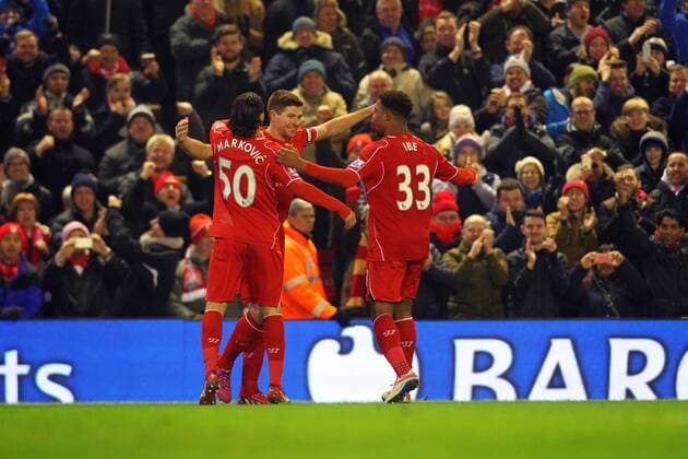 10.02.2015. Liverpool, England. Barclays Premier League. Liverpool versus Tottenham Hotspur. Liverpool midfielder Steven Gerrard celebrates scoring his teams second goal xPaulxKeevilx  ActionPlus11596229
