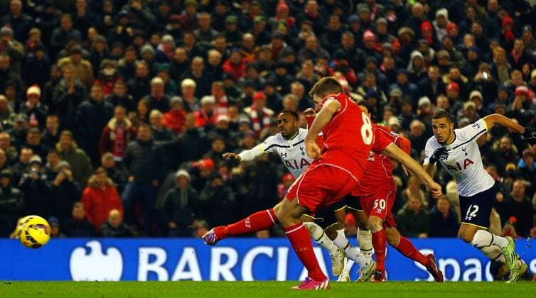 10.02.2015. Liverpool, England. Barclays Premier League. Liverpool versus Tottenham Hotspur. Liverpool midfielder Steven Gerrard scores his teams second goal from the penalty spot xPaulxKeevilx  ActionPlus11596254