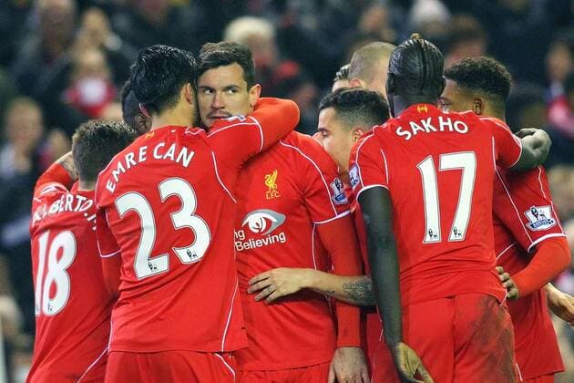 10.02.2015. Liverpool, England. Barclays Premier League. Liverpool versus Tottenham Hotspur. Liverpool forward Mario Balotelli celebrates scoring his teams third and winning goal in the 83rd minute xPaulxKeevilx  ActionPlus11596239
