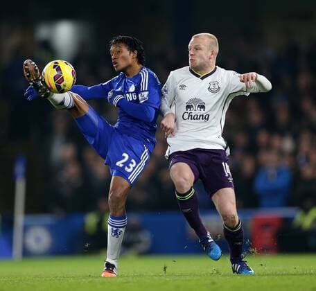 Chelsea s Juan Cuadrado tussles with Everton s Steven Naismith Barclays Premier League- Chelsea vs Everton - Stamford Bridge - England - 11th February 2015 - Picture David Klein Sportimage EDITORIAL USE ONLY. No use with unauthorised audio, video, data, fixture lists, club league logos or live services. Online in-match use limited to 120 images, no video emulation. No use in betting, games or single club league player publications.
