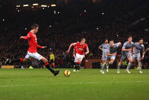 Robin van Persie of Manchester United ManU scores his sides third goal - Manchester United vs. Burnley - Barclay s Premier League - Old Trafford - Manchester - 11 02 2015 Pic Philip Oldham Sportimage EDITORIAL USE ONLY. No use with unauthorised audio, video, data, fixture lists, club league logos or live services. Online in-match use limited to 120 images, no video emulation. No use in betting, games or single club league player publications.