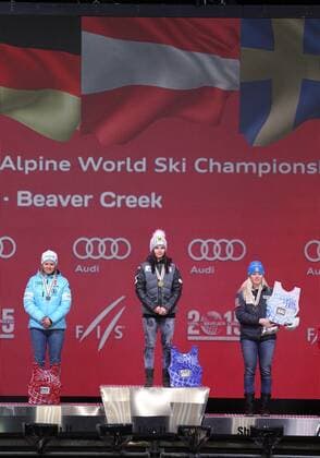 ALPINE SKIING - FIS Ski WC Vail Beaver Creek 2015 BEAVER CREEK,COLORADO,USA,12.FEB.15 - ALPINE SKIING - FIS Alpine World Ski Championships, Raptor, giant slalom, ladies, award ceremony. Image shows Viktoria Rebensburg (GER), Anna Fenninger (AUT) and Jessica Lindell-Vikarby (SWE).