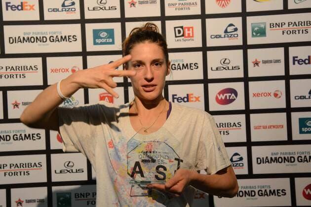 Antwerp, Belgium - ANDREA PETKOVIC of Germany poses with her trophy after wining the BNP Paribas Fortis Diamond Games tennis tournament at the Antwerp Sportpaleis in Antwerp Belgium on Sunday 15 February 2015 Tennis 2015 - BNP Paribas Fortis Diamond Games - Day 7 - ZUMAl132