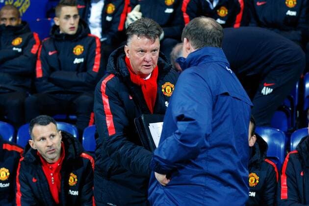 16.02.2015. Preston, England. FA Cup 5th Round. Preston North End versus Manchester United ManU Manchester United manager Louis van Gaal shake hands with Preston North End manager Simon Grayson xPaulxKeevilx  ActionPlus11598006
