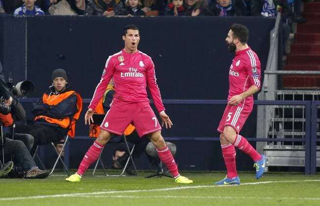 Cristiano Ronaldo (Real Madrid) (L) celebrates scoring the 1:0 with Daniel Carvajal (Real Madrid) during the Championsleague match between FC Schalke 04 and Real Madrid, Veltins Arena in Gelsenkirchen on February 18., 2015. FC Schalke 04 vs. Real Madrid im Achtelfinale der Champions League der Saison 2014 2015 am 18. Februar 2015.
