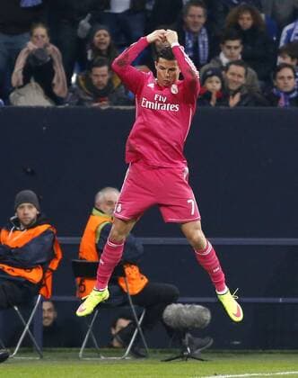 Cristiano Ronaldo (Real Madrid) (L) celebrates scoring the 1:0 during the Championsleague match between FC Schalke 04 and Real Madrid, Veltins Arena in Gelsenkirchen on February 18., 2015. FC Schalke 04 vs. Real Madrid im Achtelfinale der Champions League der Saison 2014 2015 am 18. Februar 2015.