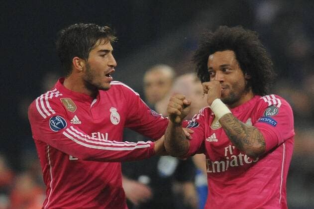 18.02.2015, xjfx, Fussball UEFA Champions League, FC Schalke 04 - Real Madrid, v.l. Lucas Silva (Real Madrid),Marcelo (Real Madrid), jubeln jubelt den 0:2