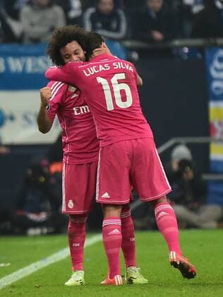 18.02.2015, xjhx, Fussball UEFA Champions League, FC Schalke 04 - Real Madrid, v.l. Marcelo (Real Madrid) Torjubel, Goal celebration, celebrate the goal 0:2 Lucas Silva (Real Madrid),