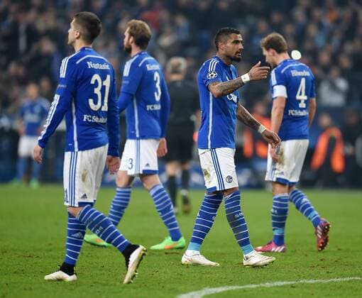 FUSSBALL CHAMPIONS LEAGUE SAISON 2014 2015 ACHTELFINAL HINSPIEL FC Schalke 04 - Real Madrid 18.02.2015 Enttaeuschung FC Schalke; Matija Nastasic, Jan Kirchhoff, Kevin Prince Boateng und Benedikt Hoewedes (v.li.) 