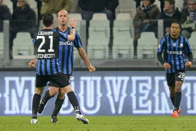 Giulio Migliaccio , Luca Cigarini Atalanta, goal celebration, Torino 20-02-2015, Juventus Stadium, Football Calcio 2014 2015 Serie A, Juventus Turin vs Atalanta Bergamo filippoxalfero