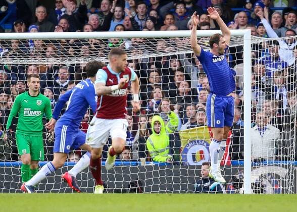 Football - 2014 2015 -Barclays Premier League, - Chelsea Vs Burnley. Chelsea s Branislav Ivanovic jumps in frustration at not being awarded a penalty at Stamford Bridge COLORSPORT DANIEL BEARHAM  CHE_BUR