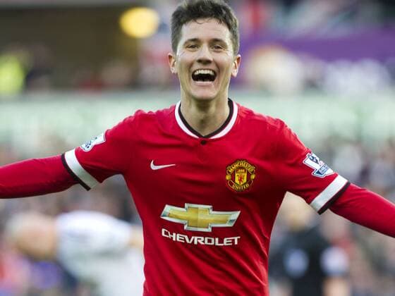 Football - 2014 2015 Premier League - Swansea City vs. Manchester United ManU Ander Herrera of Manchester Utd celebrates scoring at the Liberty Stadium. COLORSPORT WINSTON BYNORTH 
