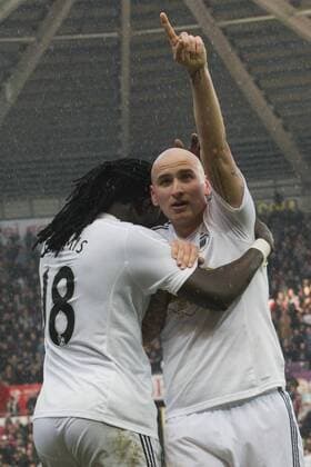 Football - 2014 2015 Premier League - Swansea City vs. Manchester United ManU Jonjo Shelvey of Swansea celebrates scoring at the Liberty Stadium. COLORSPORT WINSTON BYNORTH 