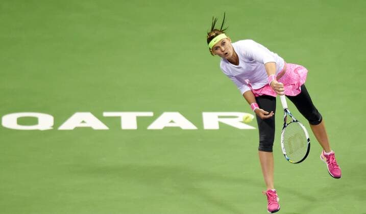 (150224) -- DOHA, Feb. 23, 2015 -- Lucie Safarova of the Czech Republic competes during the first round match against SamanthaStosur of Australia in the WTA Tennis Damen Qatar Open tennis tournament in Doha, Qatar, Feb. 23, 2015. Lucie Safarova won 2-0. ) (SP)QATAR-DOHA-TENNIS-WTA ChenxShaojin 