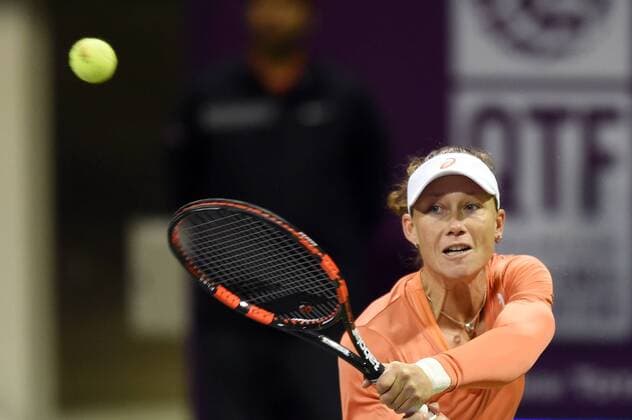 (150224) -- DOHA, Feb. 23, 2015 -- Samantha Stosur of Australia returns the ball during the first round match against LucieSafarova of the Czech Republic in the WTA Tennis Damen Qatar Open tennis tournament in Doha, Qatar, Feb. 23, 2015. Samantha Stosur lost 0-2. ) (SP)QATAR-DOHA-TENNIS-WTA ChenxShaojin 