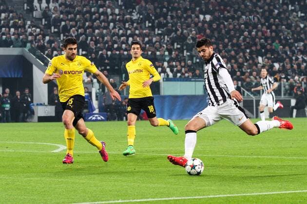 Feb. 24, 2015 - Turin, Italy - Juventus forward Alvaro Morata (9) shoots for goal during the Uefa Champions League Round of 16 football match JUVENTUS - BORUSSIA DORTMUND on 24 02 15 at the Juventus Stadium in Turin, Italy. Copyright 2015 Ã‚Â© Matteo Bottanelli Championsleague, Juventus v Borussia  - ZUMAn230