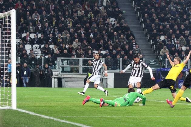 Feb. 24, 2015 - Turin, Italy - Juventus forward Carlos Tevez (10) scores his goal during the Uefa Champions League Round of 16 football match JUVENTUS - BORUSSIA DORTMUND on 24 02 15 at the Juventus Stadium in Turin, Italy. Copyright 2015 Ã‚Â© Matteo Bottanelli Championsleague, Juventus v Borussia  - ZUMAn230