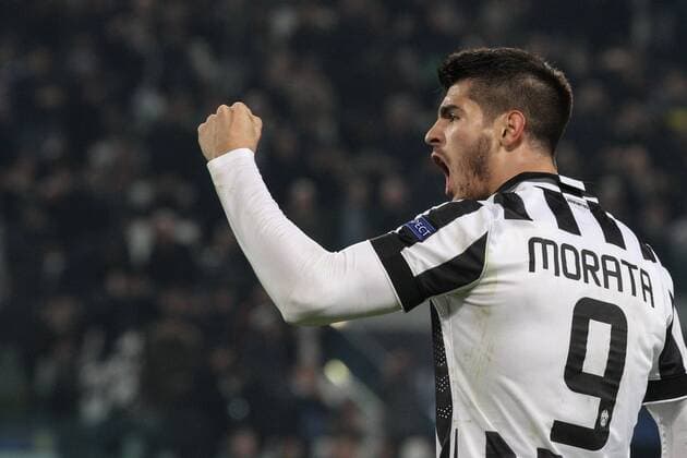Feb. 24, 2015 - Turin, Italy - Juventus forward Alvaro Morata (9) celebrates after scoring his goal during the Uefa Champions League Round of 16 football match JUVENTUS - BORUSSIA DORTMUND on 24 02 15 at the Juventus Stadium in Turin, Italy. Copyright 2015 Ã‚Â© Matteo Bottanelli Championsleague, Juventus v Borussia  - ZUMAn230